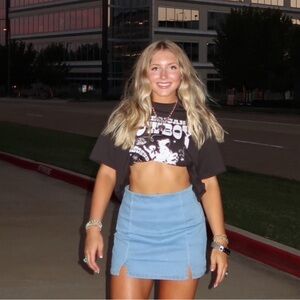 Black Graphic Tee and Blue Denim Skirt